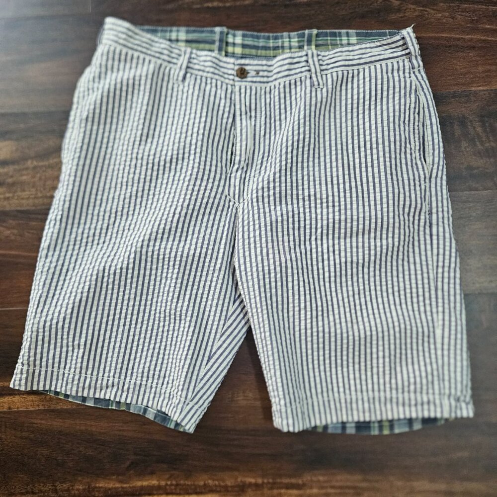 Tailor Vintage Reversible Shorts Men's 34 Seersucker stripe & Blue Green Plaid